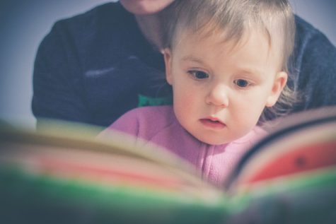 Toddler reading a book with parent