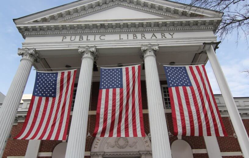 Public library with American flags