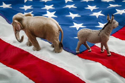 U.S. Politics - Democrats and Republicans, donkey and elephant on flag