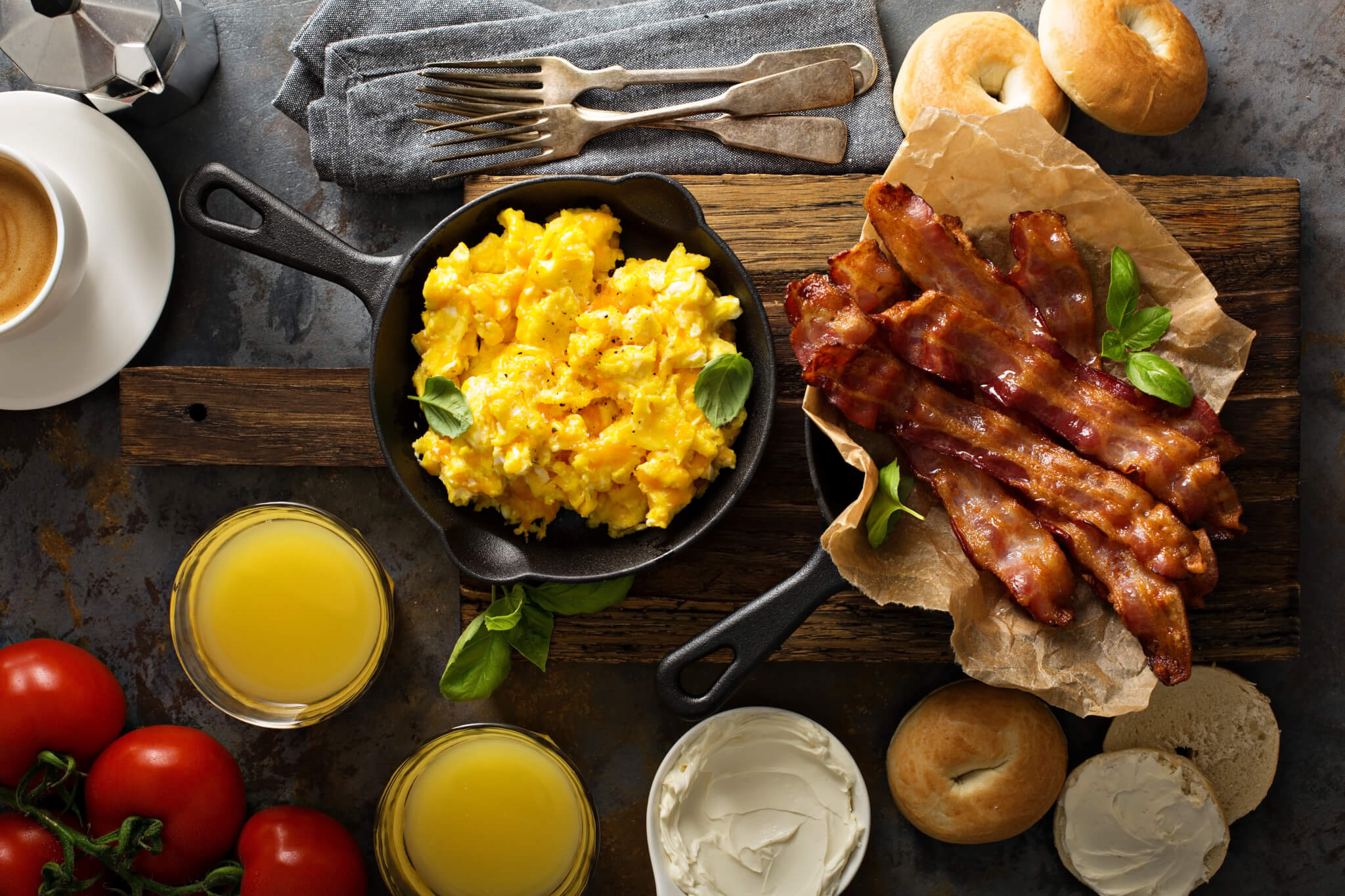 Big breakfast with bacon and eggs
