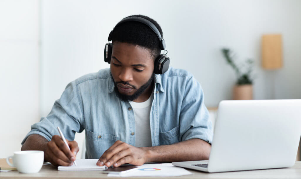 Man listening to music while working