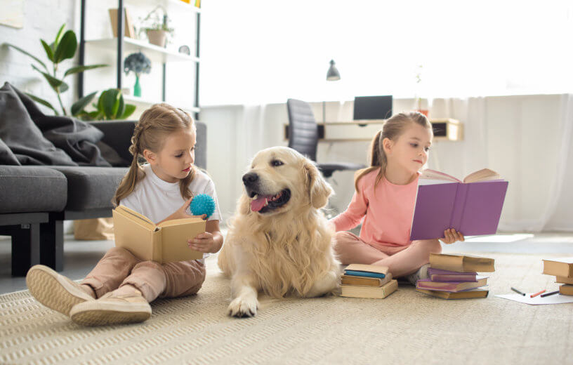 Children reading books to dog