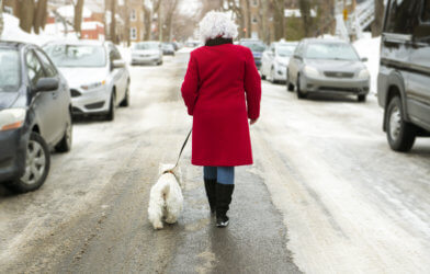 Senior woman walking dog in snow