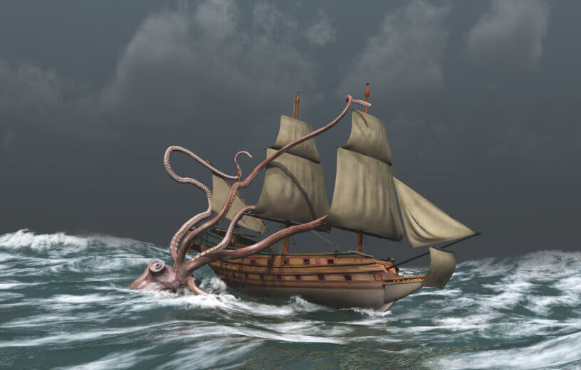 Giant squid or kraken attacking ship