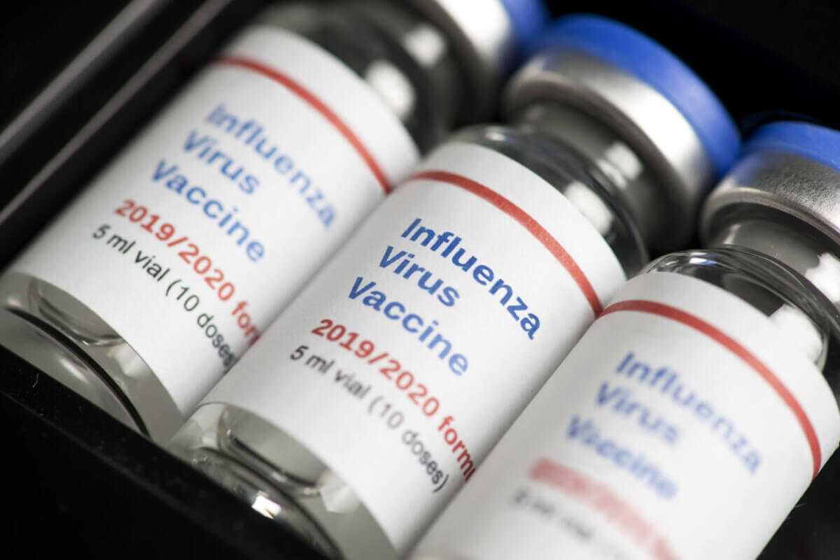 Multiple Influenza Virus Vaccine Vials ready for flu shot season