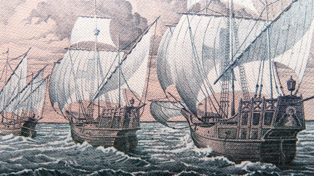 Christopher Columbus arrival on Niña, Pinta, Santa Maria