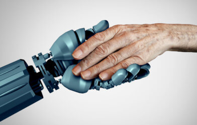 Robot holding hands with senior or elderly adult