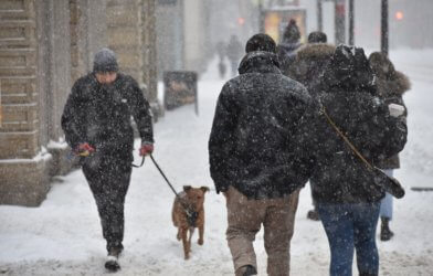 People walking in the snow in the city
