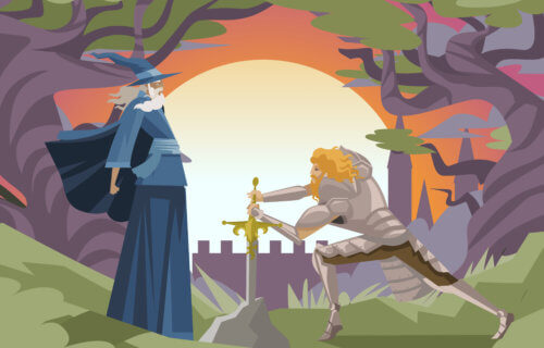 King Arthur and Merlin the Magician with Excalibur