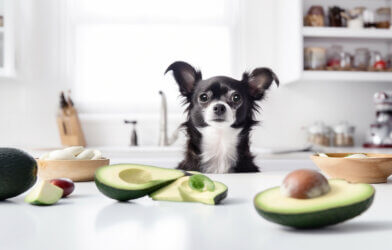 Dog sitting in front of avocados