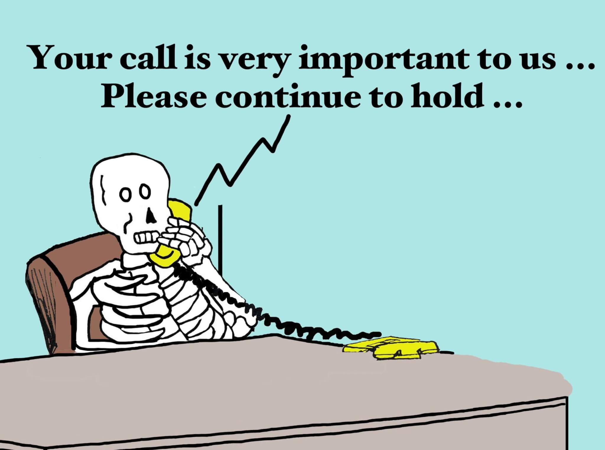 Cartoon skeleton waiting on hold for customer service