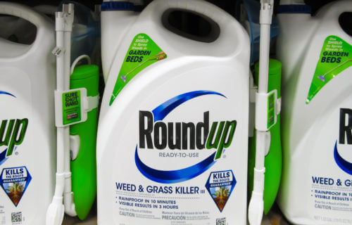 Roundup weedkiller on shelf at store.