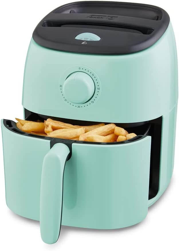 light blue colored air fryer with food in open drawer