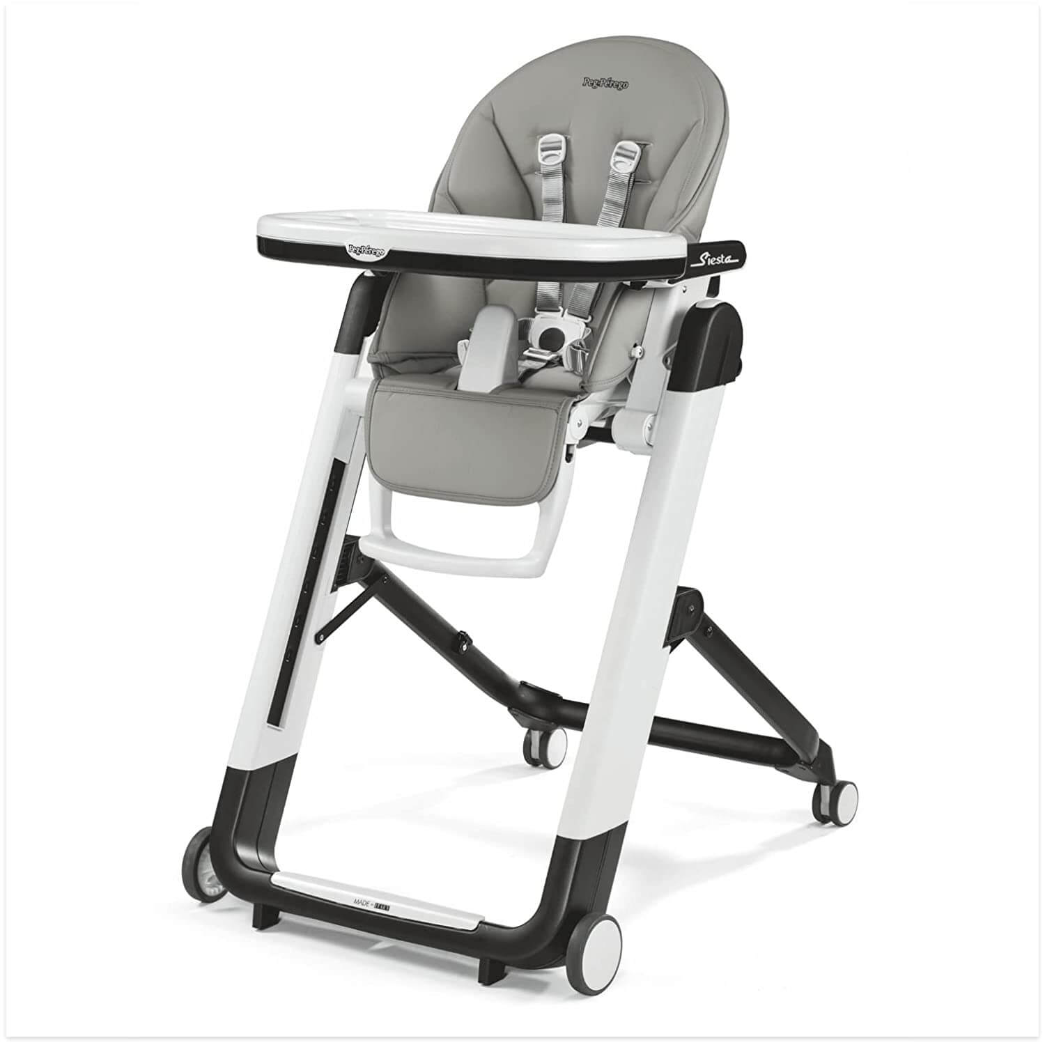 white and grey folding high chair