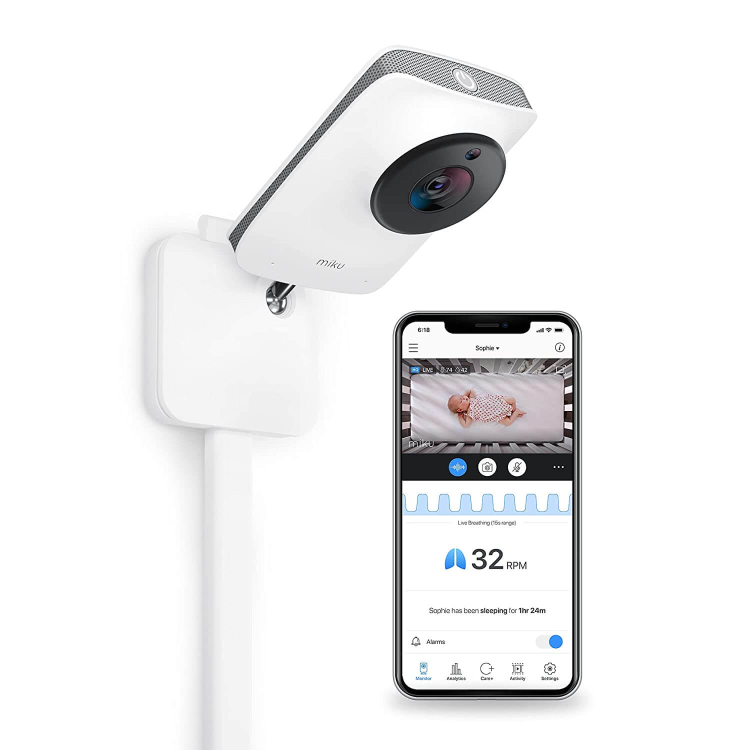 white overhead baby monitor camera and cell phone screen