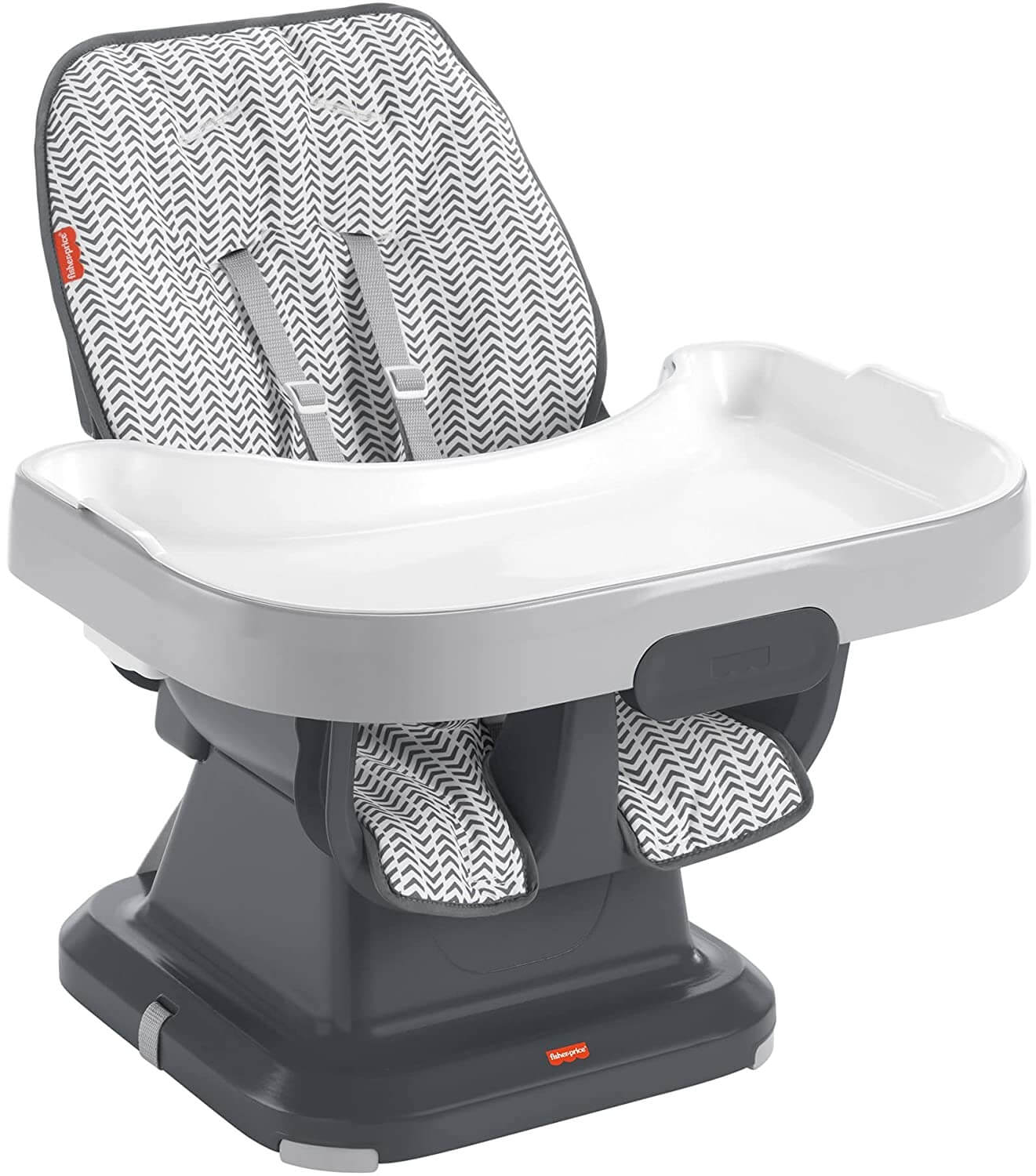 compact grey high chair with white tray