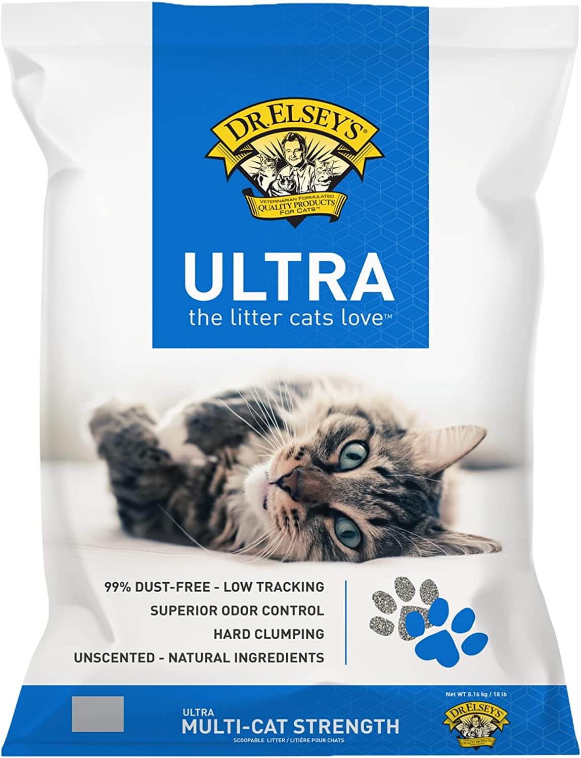 white and blue bag of cat litter