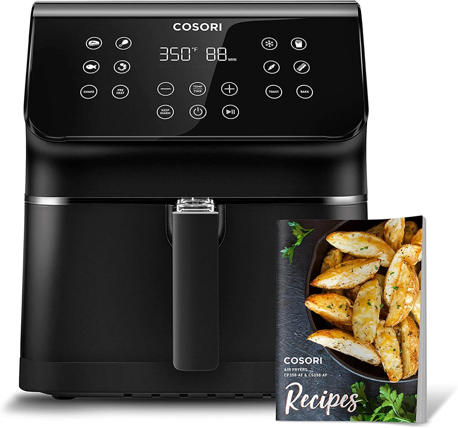 black air fryer with package of food in front of it