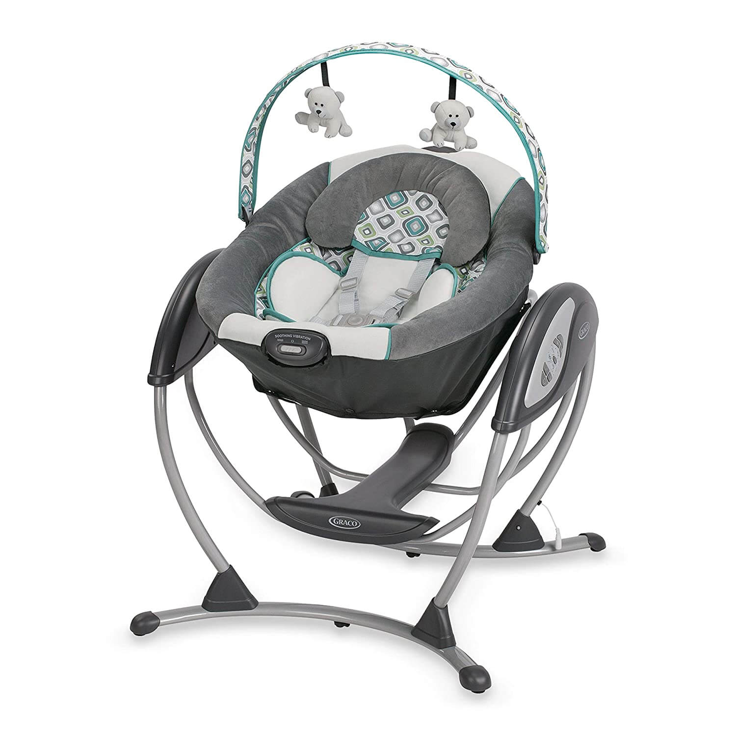 grey baby swing with toys over top