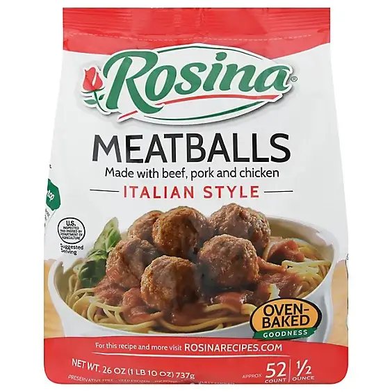 Red and white bag with green text, frozen Rosina Italian style meatballs