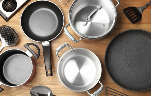 Kitchen cookware set, pots and pans.