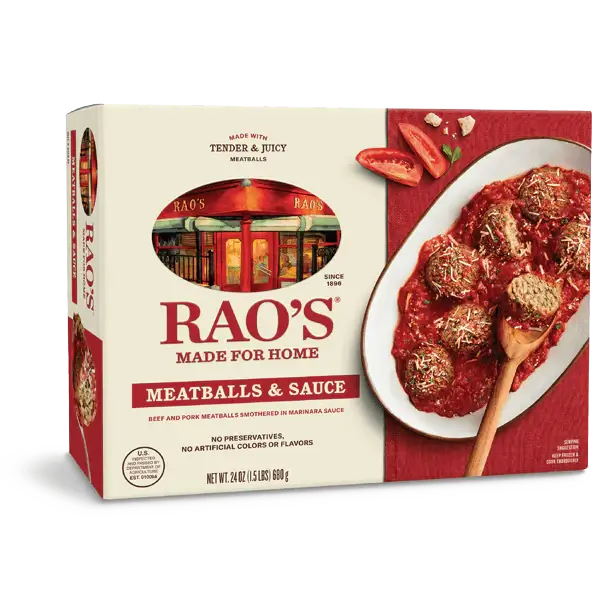 beige and red box of frozen meatballs in red sauce