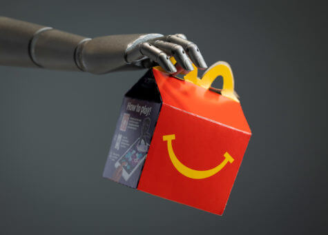 Robot worker holding McDonald's Happy Meal