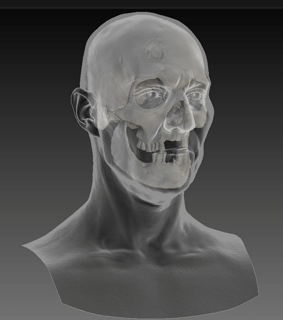 3D scan of skull with facial reconstruction.