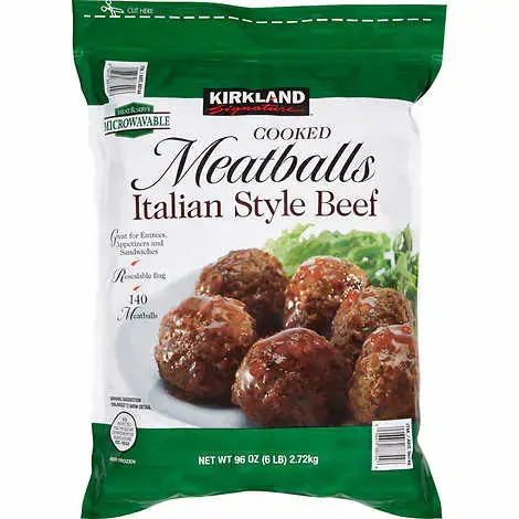 white and green bag of frozen Costco meatballs 