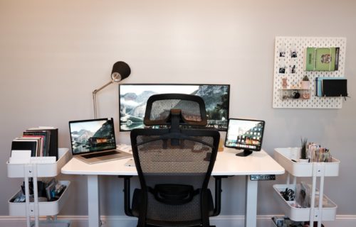 Home office desk and chair setup