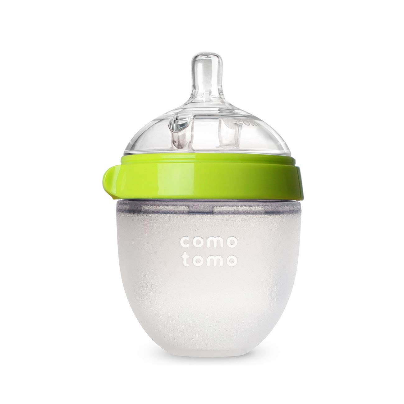 clear baby bottle with green top