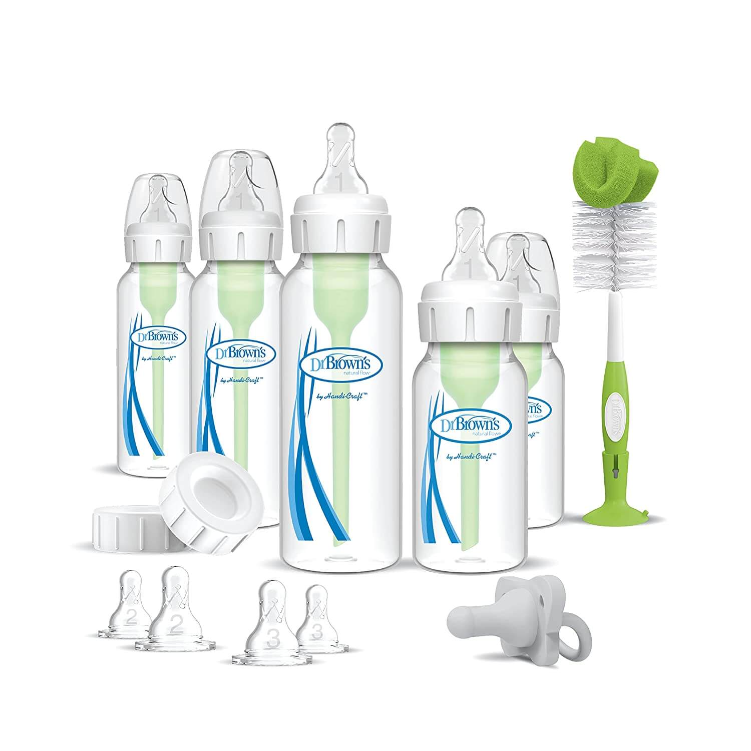 five baby bottles with cleaning brush