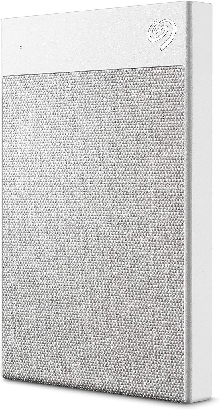 white and grey external hard drive