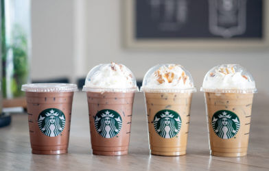 Starbucks coffee drinks lined up in a row.