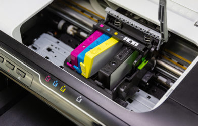 Ink cartridge inside an inkjet printer.