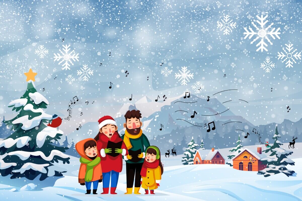 Family singing Christmas carols in the snow