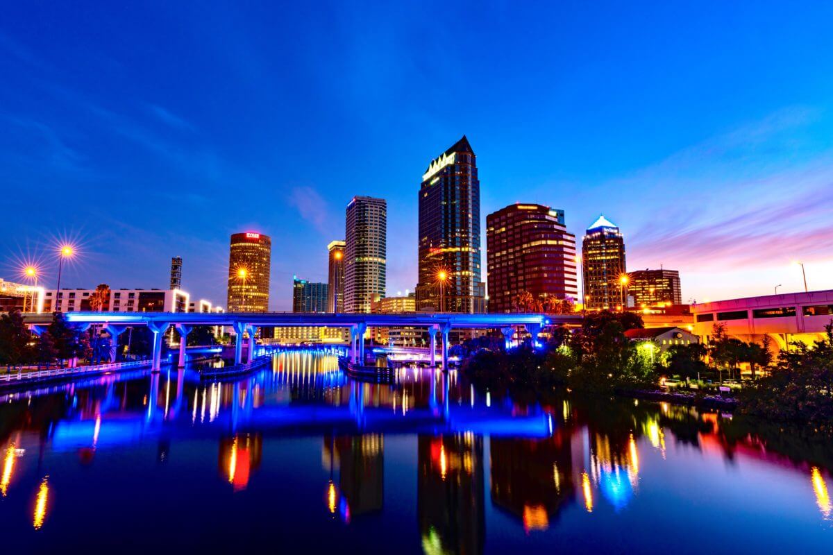 Beautiful nighttime skyline view of Tampa