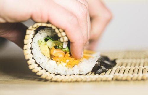 Sushi rolled on bamboo mat