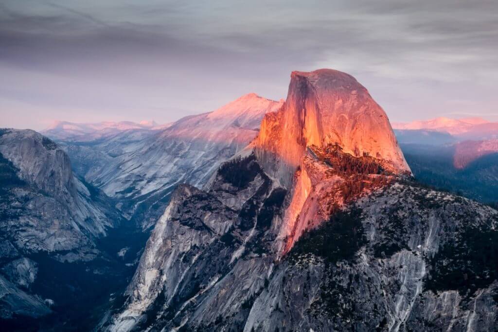 Drone Shot of Half Dome in Yosemite National Park, California during Sunset.