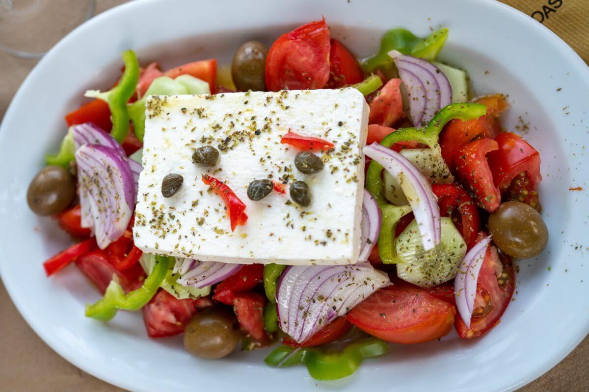 Greek salad on a plate at a restaurant in Agia, Greece
