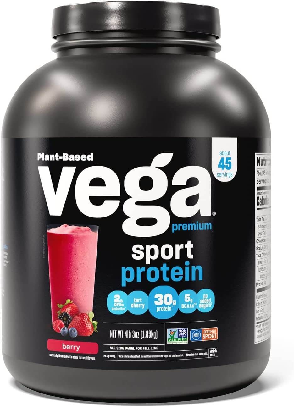 black container of vegan protein powder