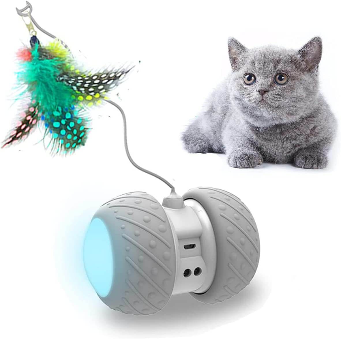 gray robotic cat toy with colorful feathers