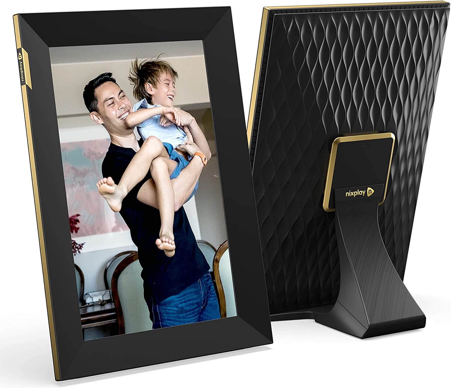 black and gold digital picture frame with stand showing father and son