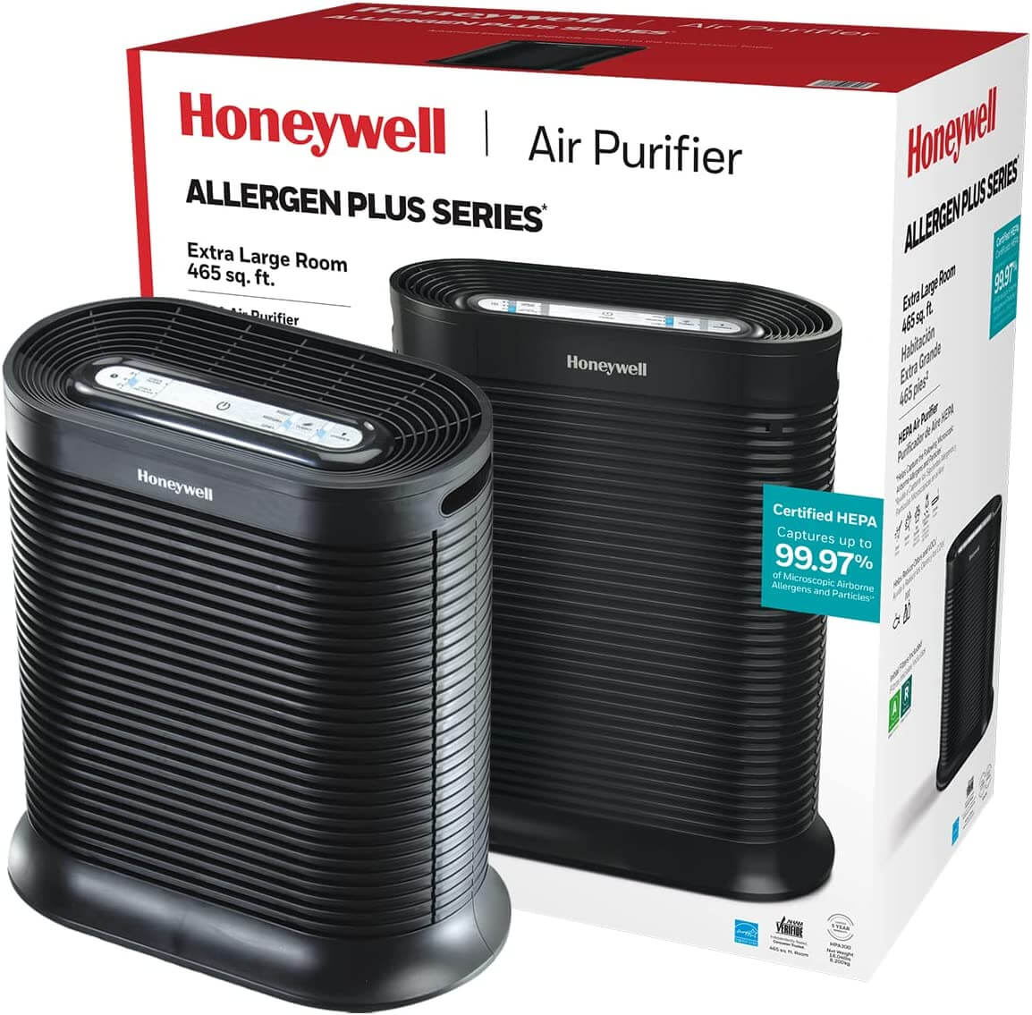 black air purifier next to red and white box
