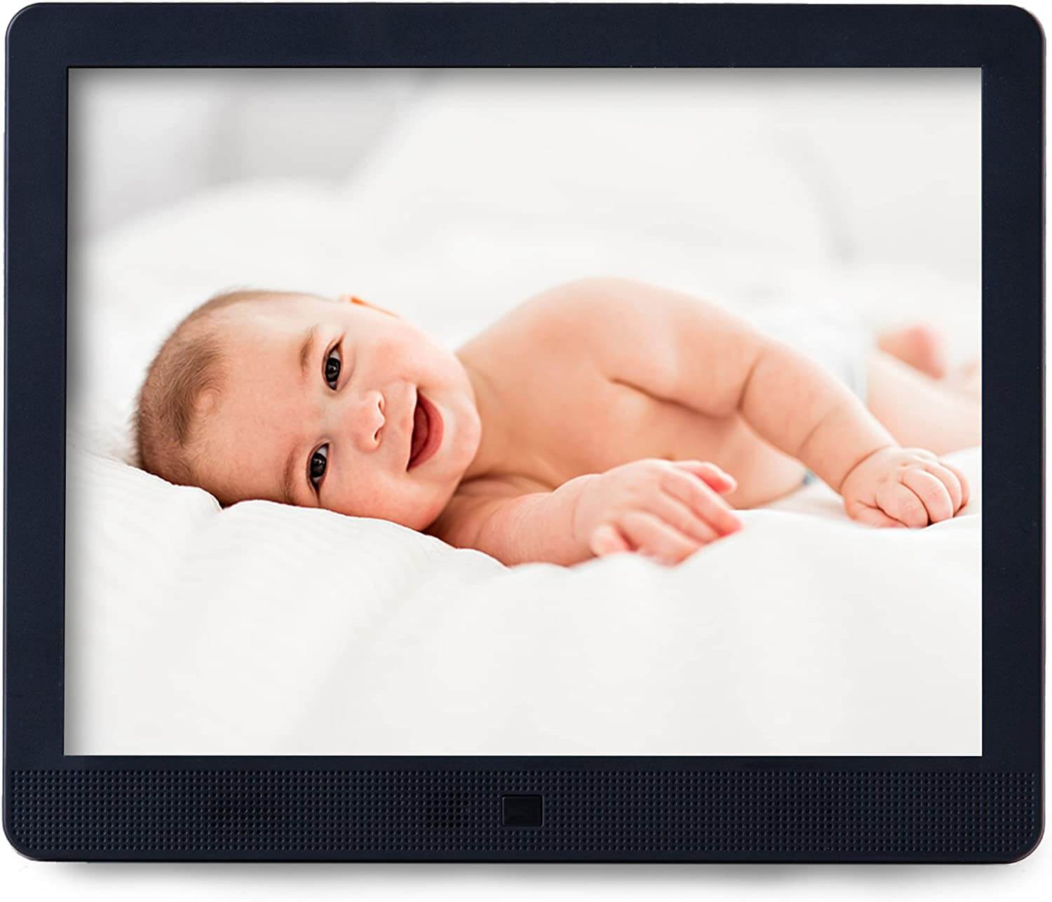 black digital picture frame showing a baby