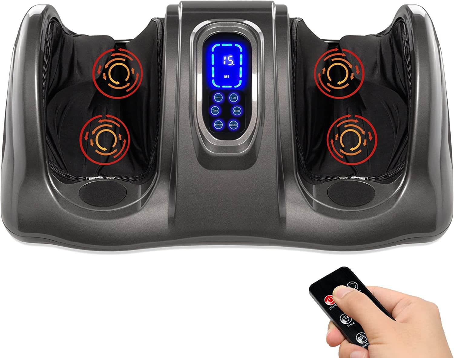black and grey foot massager with hand holding remote 
