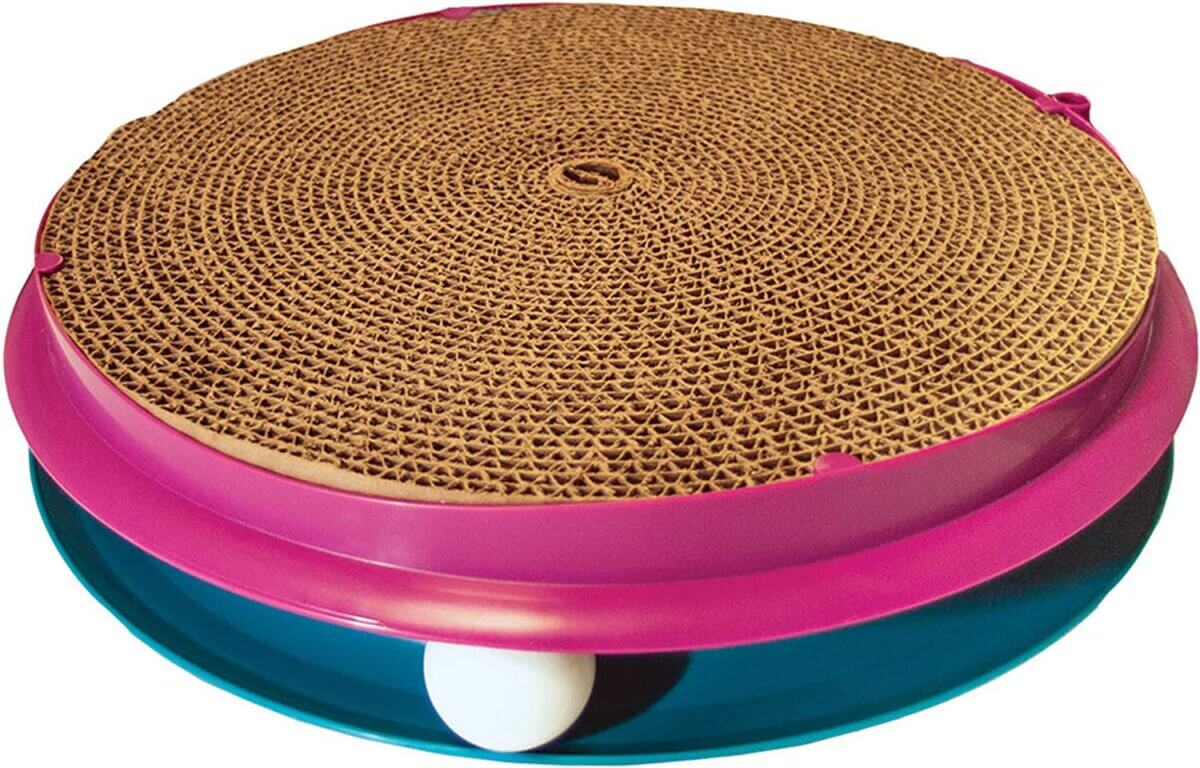 circular cat toy with ball and scratcher