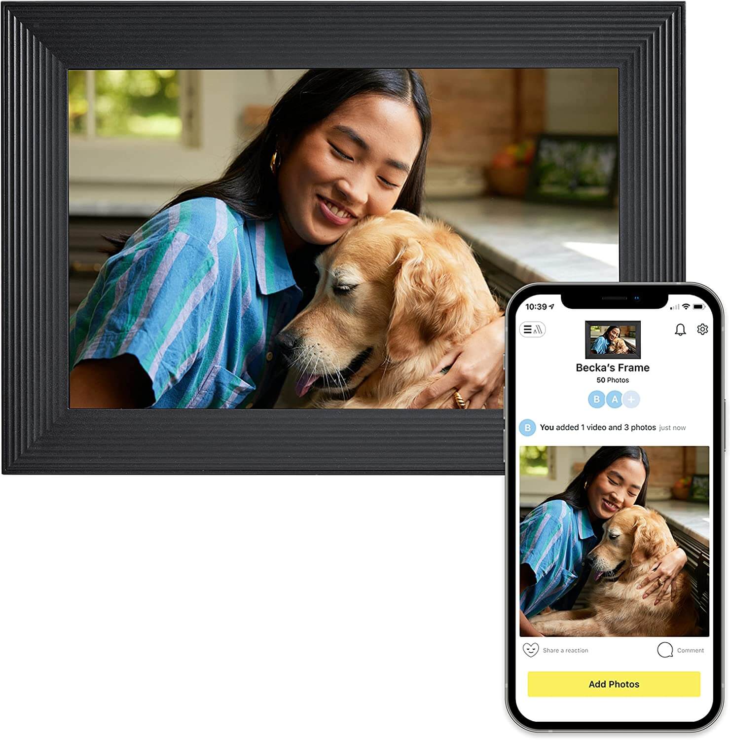 black digital picture frame and smartphone control