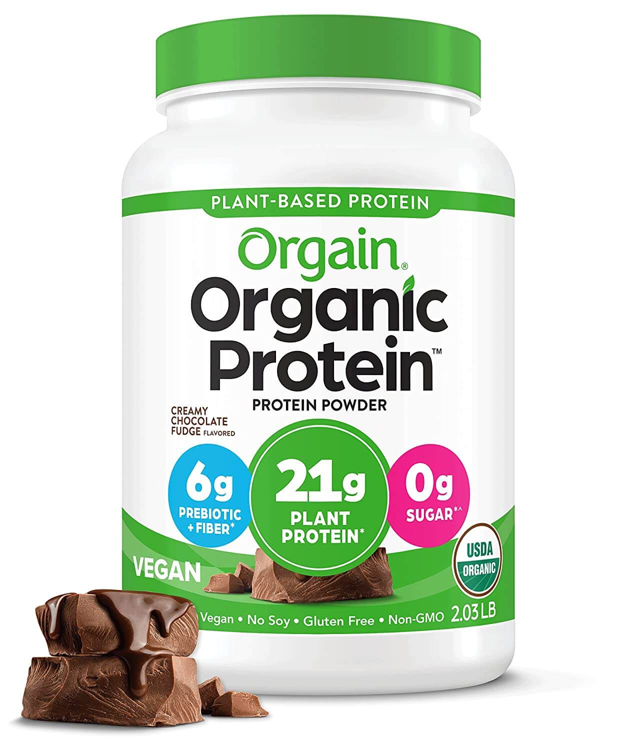white and green protein powder container with chocolate