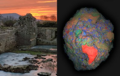 The ruins of an ancient Roman building and a closeup of a piece of concrete scanned by scientists.